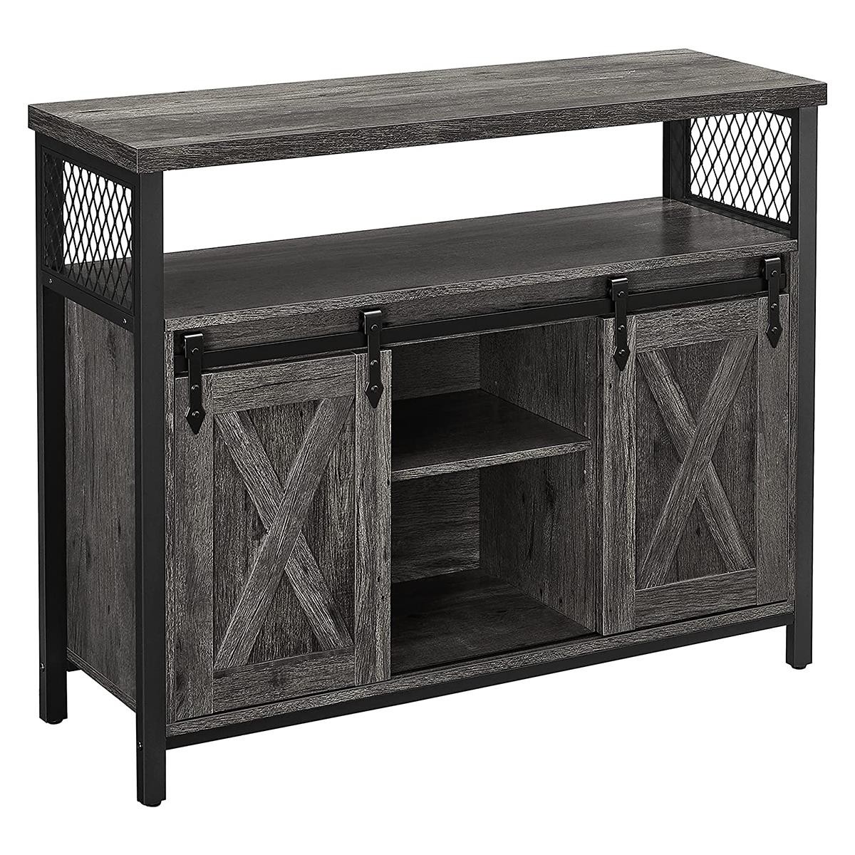Armario ALYS, 100x33x80 cm, con Puertas Correderas, en Metal y Madera, color Negro y Marrón Oscuro