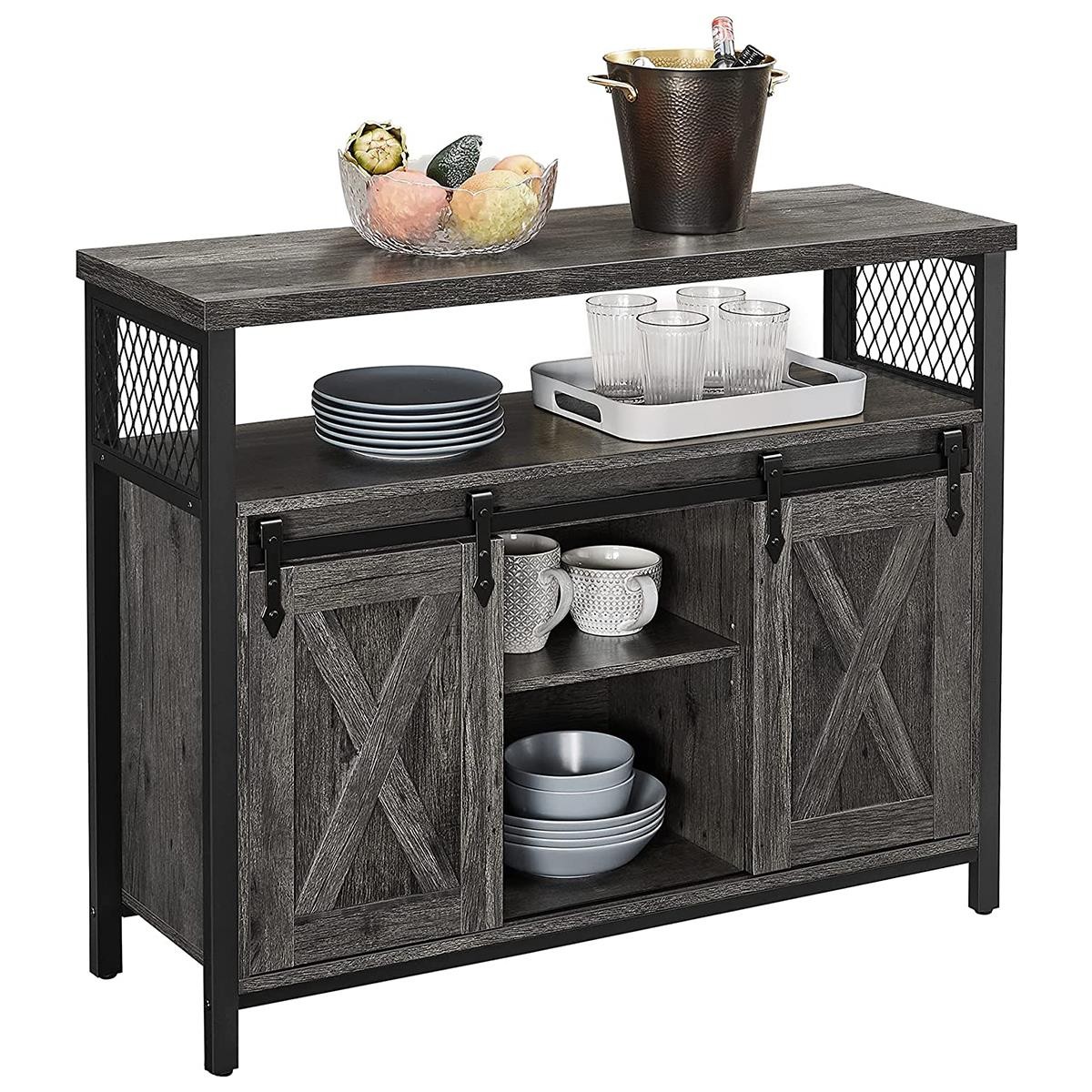 Armario ALYS, 100x33x80 cm, con Puertas Correderas, en Metal y Madera, color Negro y Marrón Oscuro