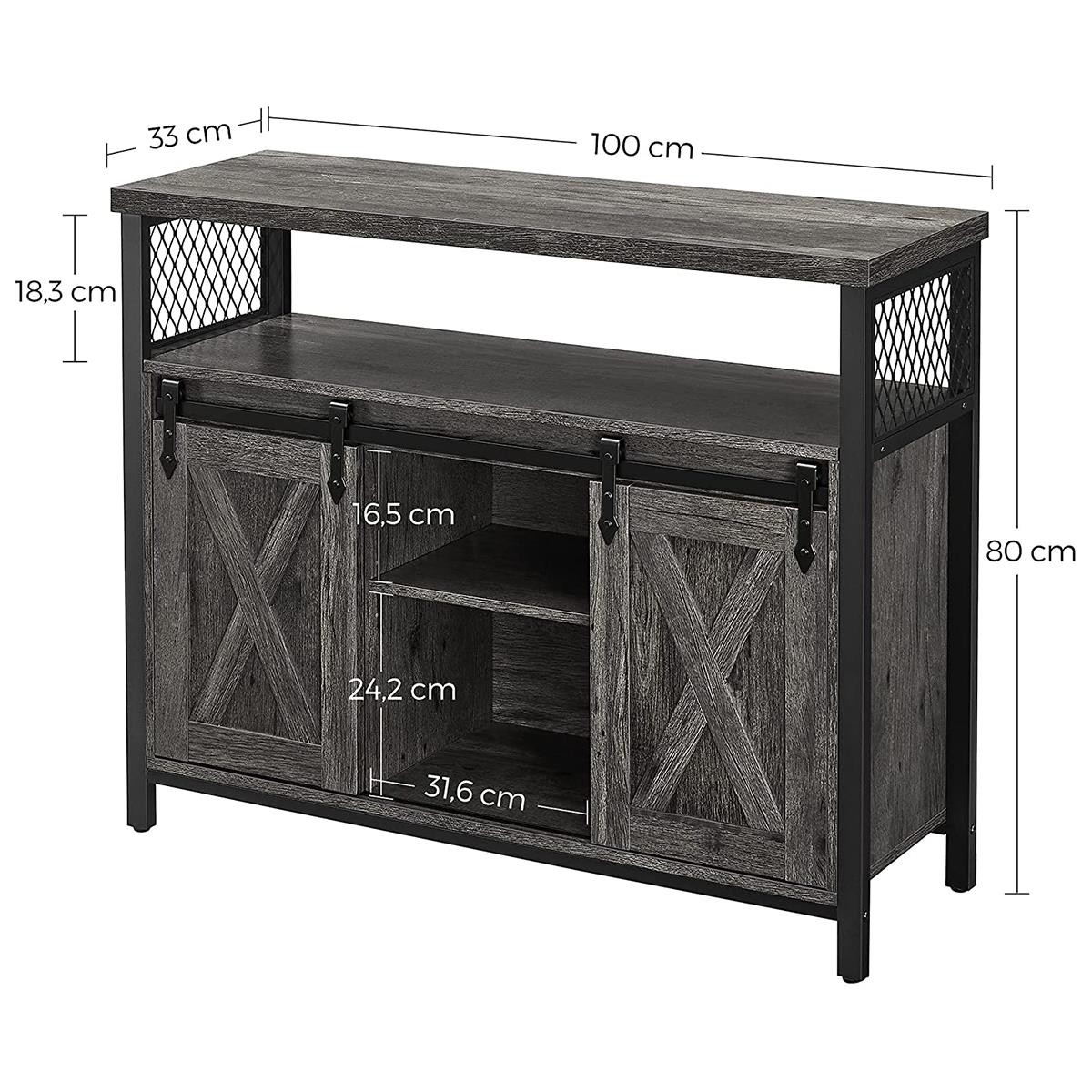 Armario ALYS, 100x33x80 cm, con Puertas Correderas, en Metal y Madera, color Negro y Marrón Oscuro