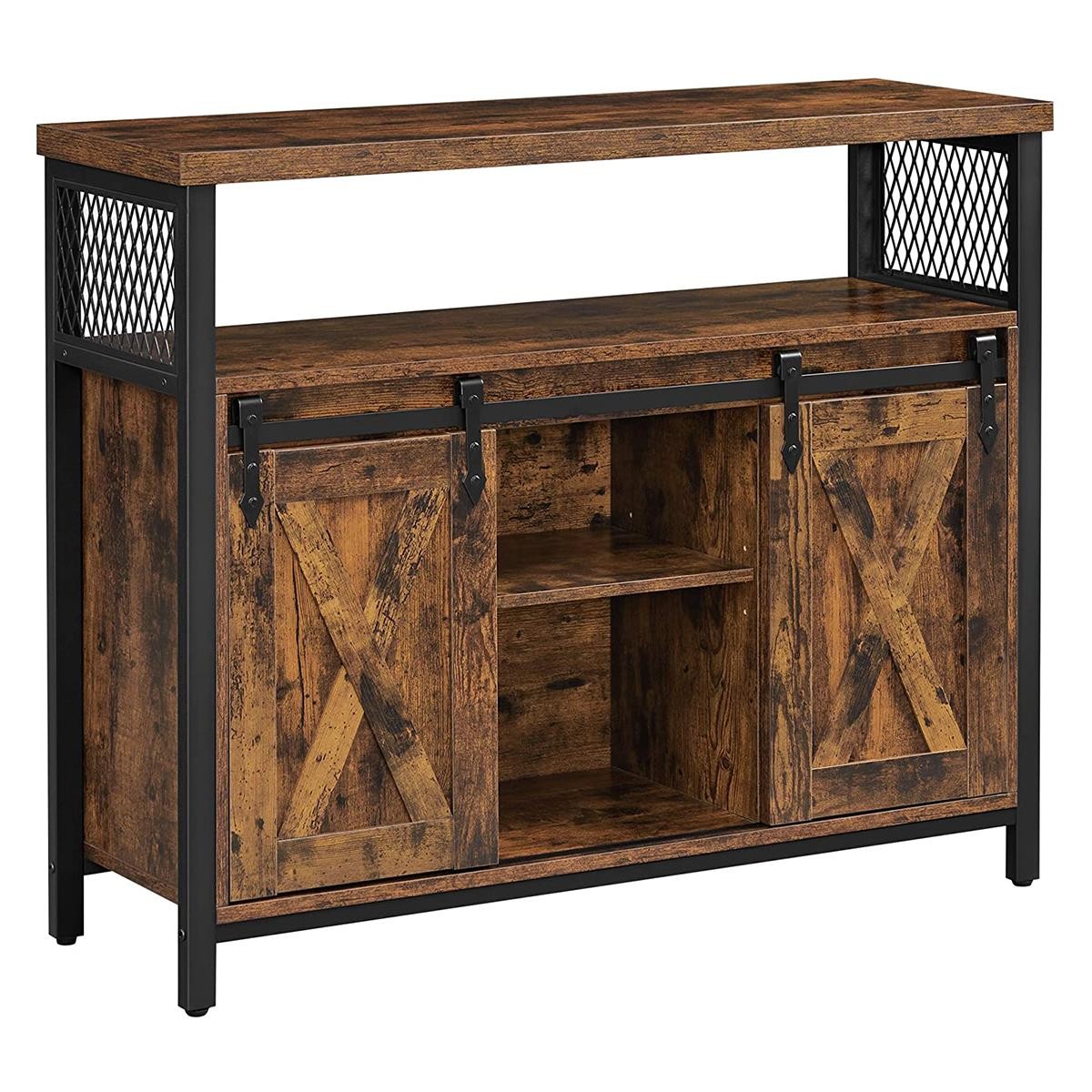 Armario ALYS, 100x33x80 cm, con Puertas Correderas, en Metal y Madera, color Negro y Marrón Oscuro
