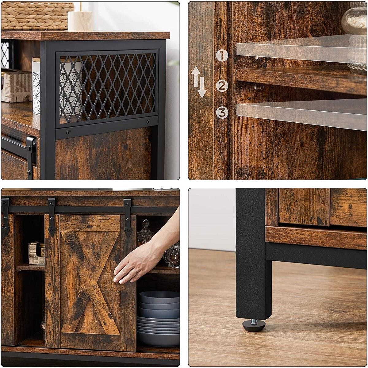 Armario ALYS, 100x33x80 cm, con Puertas Correderas, en Metal y Madera, color Negro y Marrón Oscuro