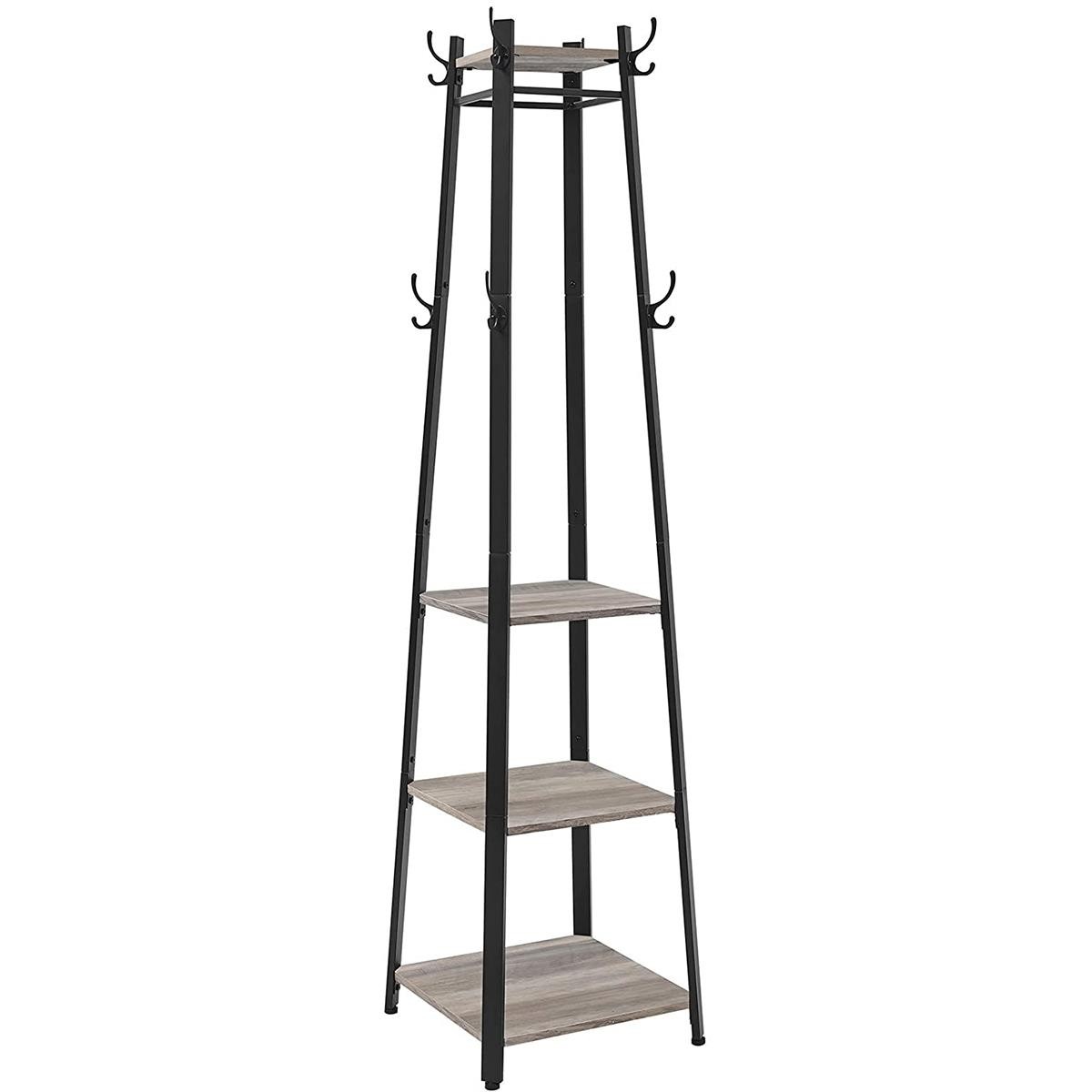 Perchero LOLA, 43x43x180 cm, con Estantes, 8 Ganchos, en Metal y Madera color Negro y Marrón Oscuro