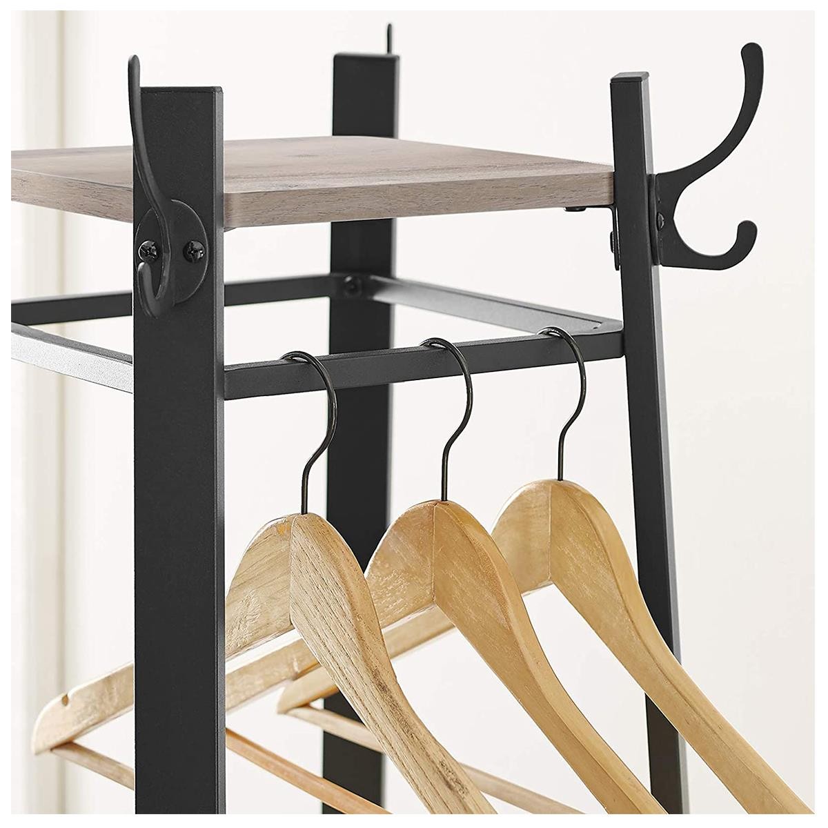Perchero LOLA, 43x43x180 cm, con Estantes, 8 Ganchos, en Metal y Madera color Negro y Marrón Oscuro