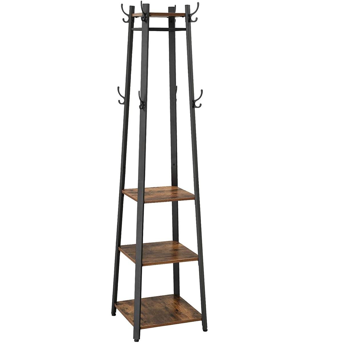 Perchero LOLA, 43x43x180 cm, con Estantes, 8 Ganchos, en Metal y Madera color Negro y Marrón Oscuro
