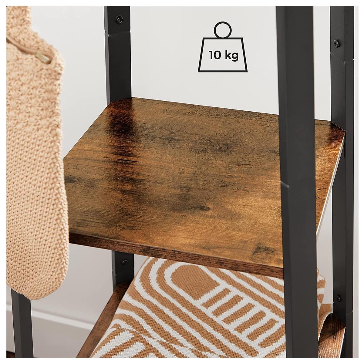 Perchero LOLA, 43x43x180 cm, con Estantes, 8 Ganchos, en Metal y Madera color Negro y Marrón Oscuro