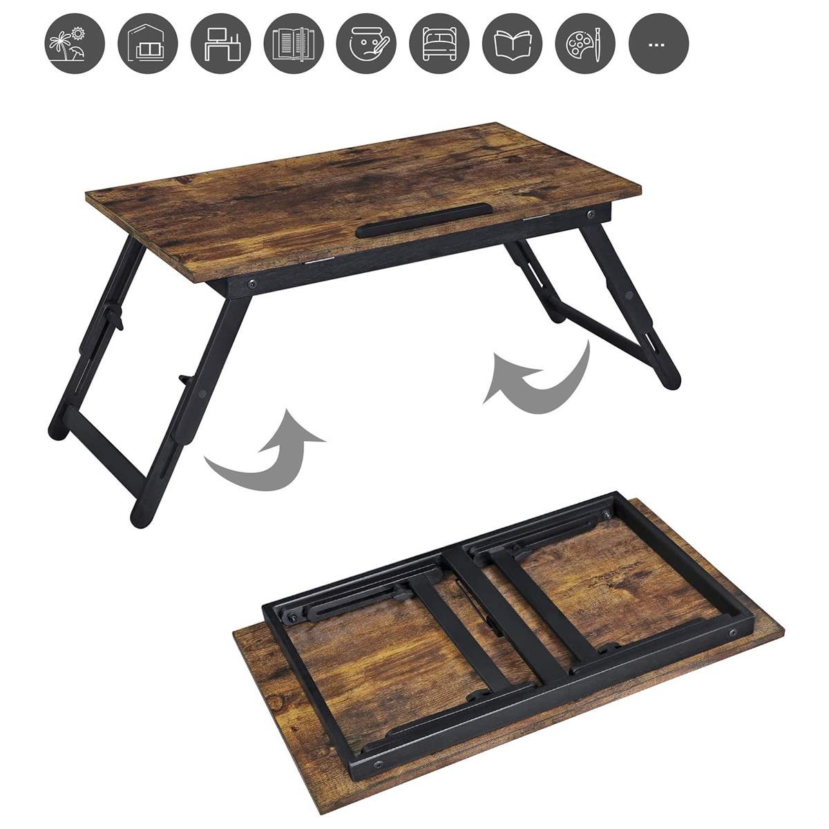 Mesa Auxiliar para Ordenador Portátil TORBY, 60x35x21-31 cm, en Madera color Negro y Marrón Oscuro