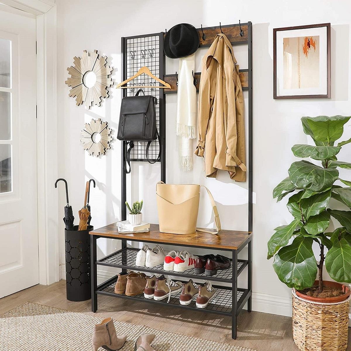 Perchero KATLYN, 98x40x185 cm, con Estantes, en Metal y Madera, color Negro y Marrón Oscuro