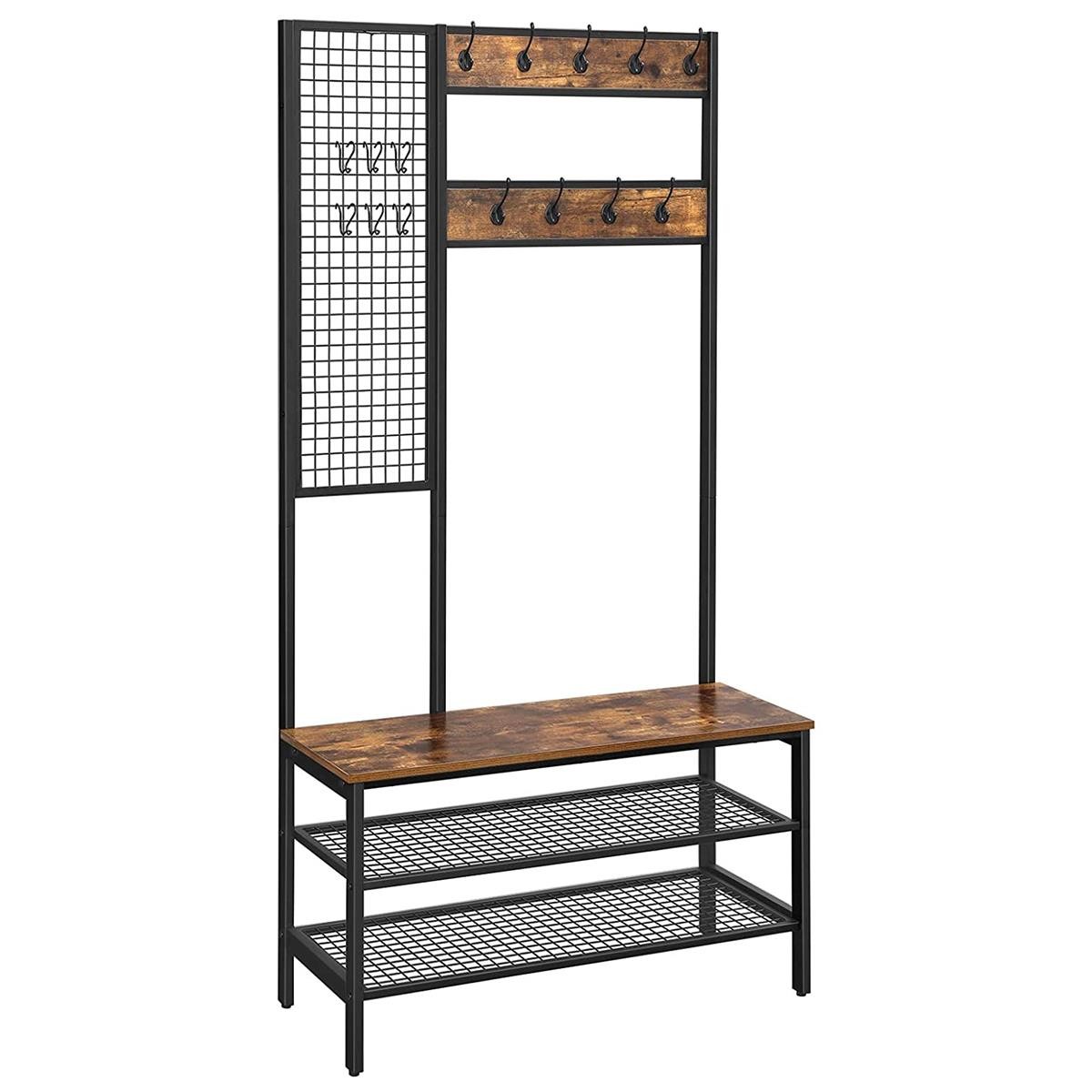 Perchero KATLYN, 98x40x185 cm, con Estantes, en Metal y Madera, color Negro y Marrón Oscuro