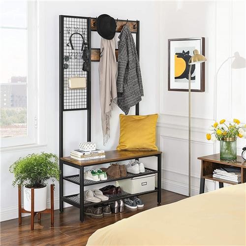 Perchero KATLYN, 98x40x185 cm, con Estantes, en Metal y Madera, color Negro y Marrón Oscuro