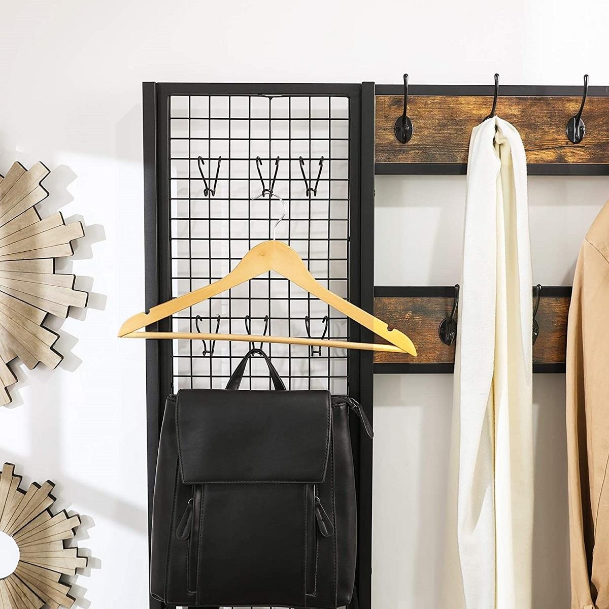 Perchero KATLYN, 98x40x185 cm, con Estantes, en Metal y Madera, color Negro y Marrón Oscuro