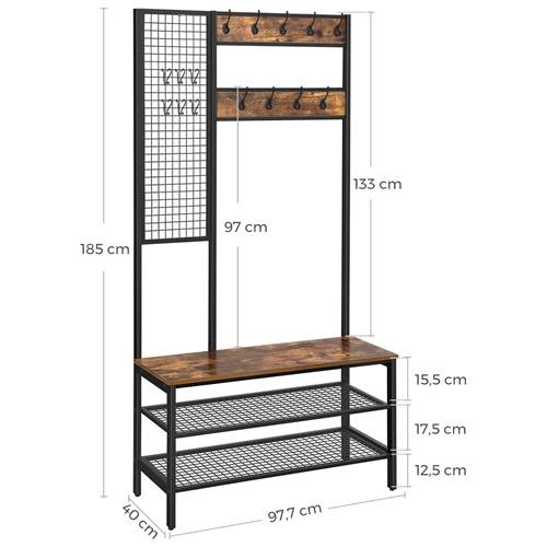 Perchero KATLYN, 98x40x185 cm, con Estantes, en Metal y Madera, color Negro y Marrón Oscuro
