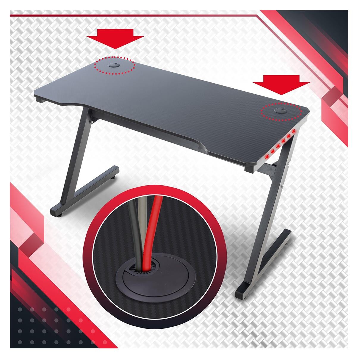 Mesa Gaming LUISY, 120x77x60 cm, con Luces LED, Estructura Metálica, color Negro