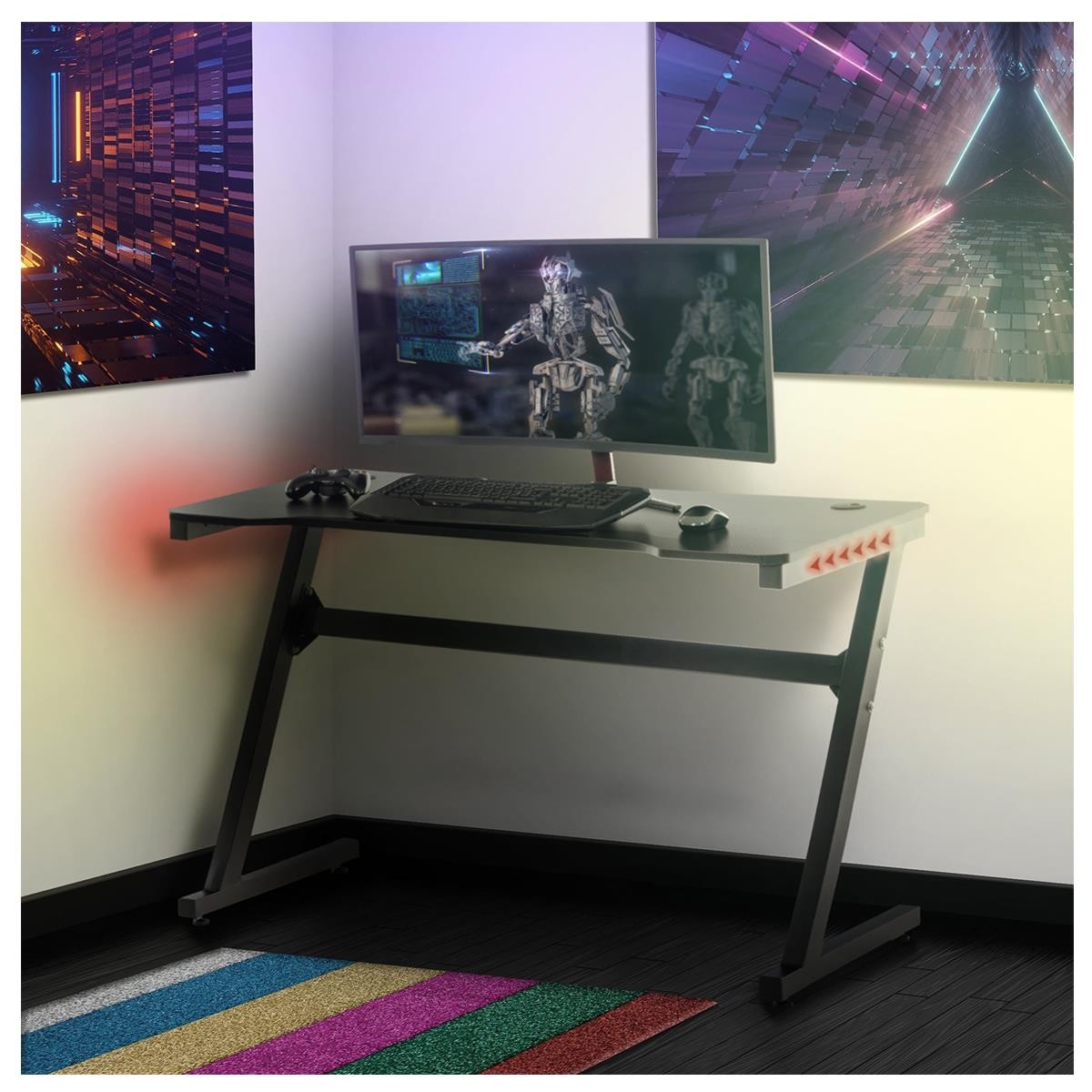 Mesa Gaming LUISY, 120x77x60 cm, con Luces LED, Estructura Metálica, color Negro