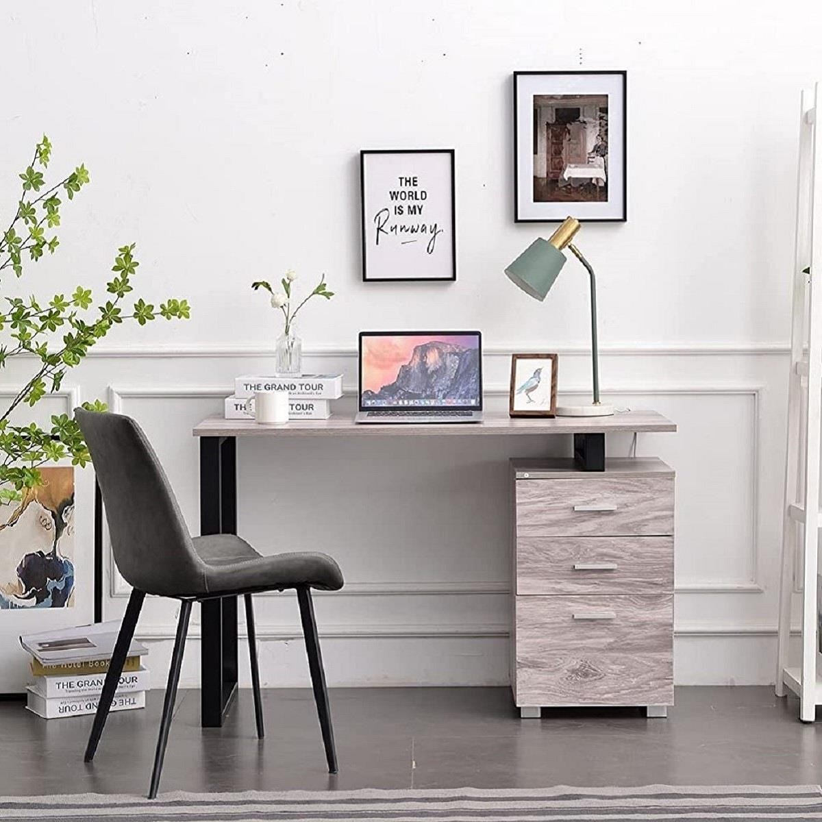 Mesa para Ordenador PERTH, Dimensiones 120x50x75 cm, con Cajones, en Metal y Madera color Roble