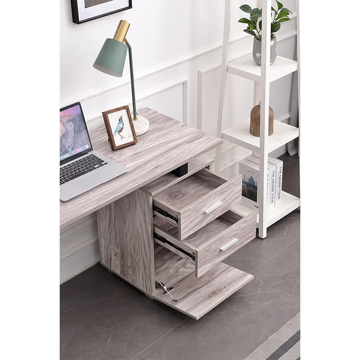 Mesa para Ordenador PERTH, Dimensiones 120x50x75 cm, con Cajones, en Metal y Madera color Roble