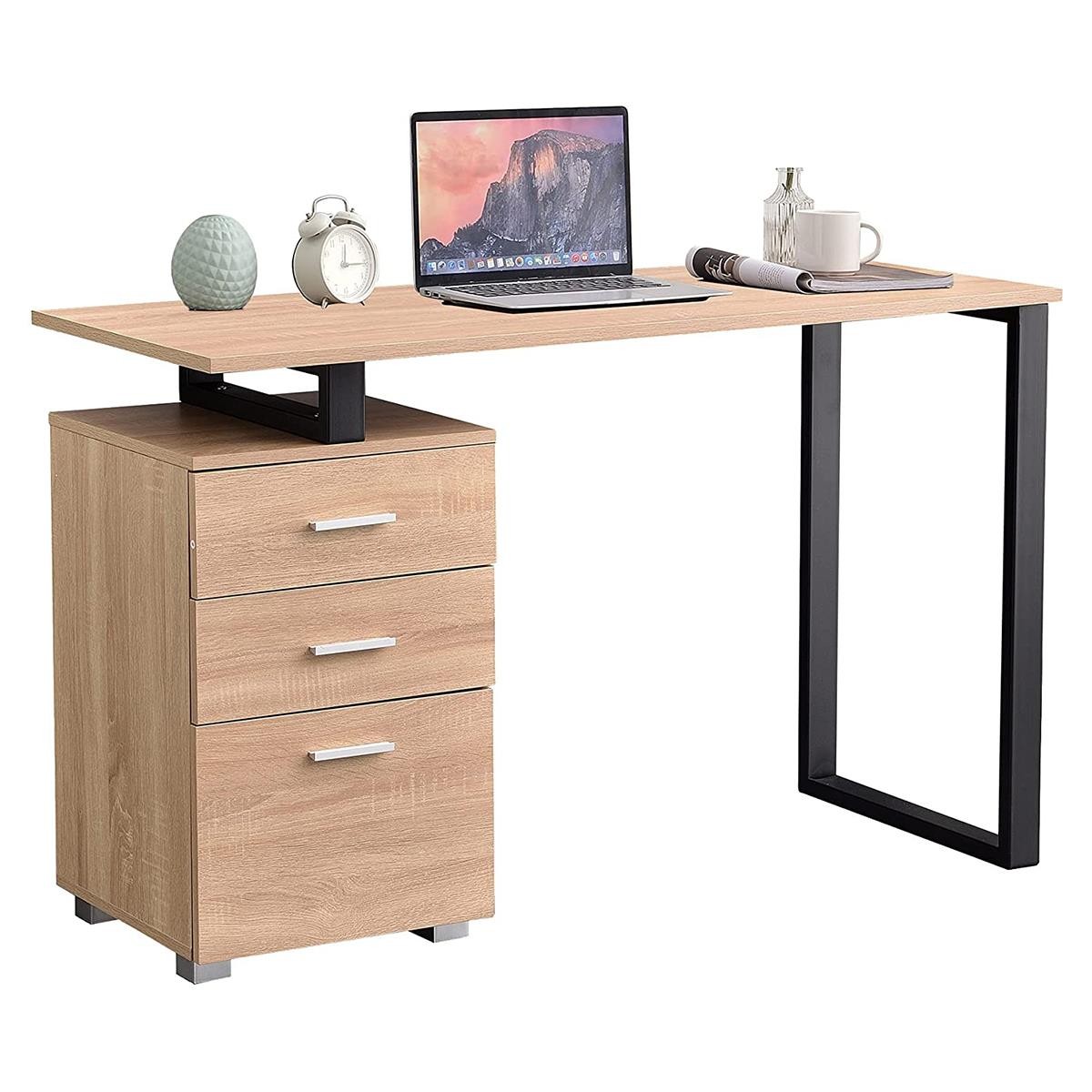 Mesa para Ordenador PERTH, Dimensiones 120x50x75 cm, con Cajones, en Metal y Madera color Roble