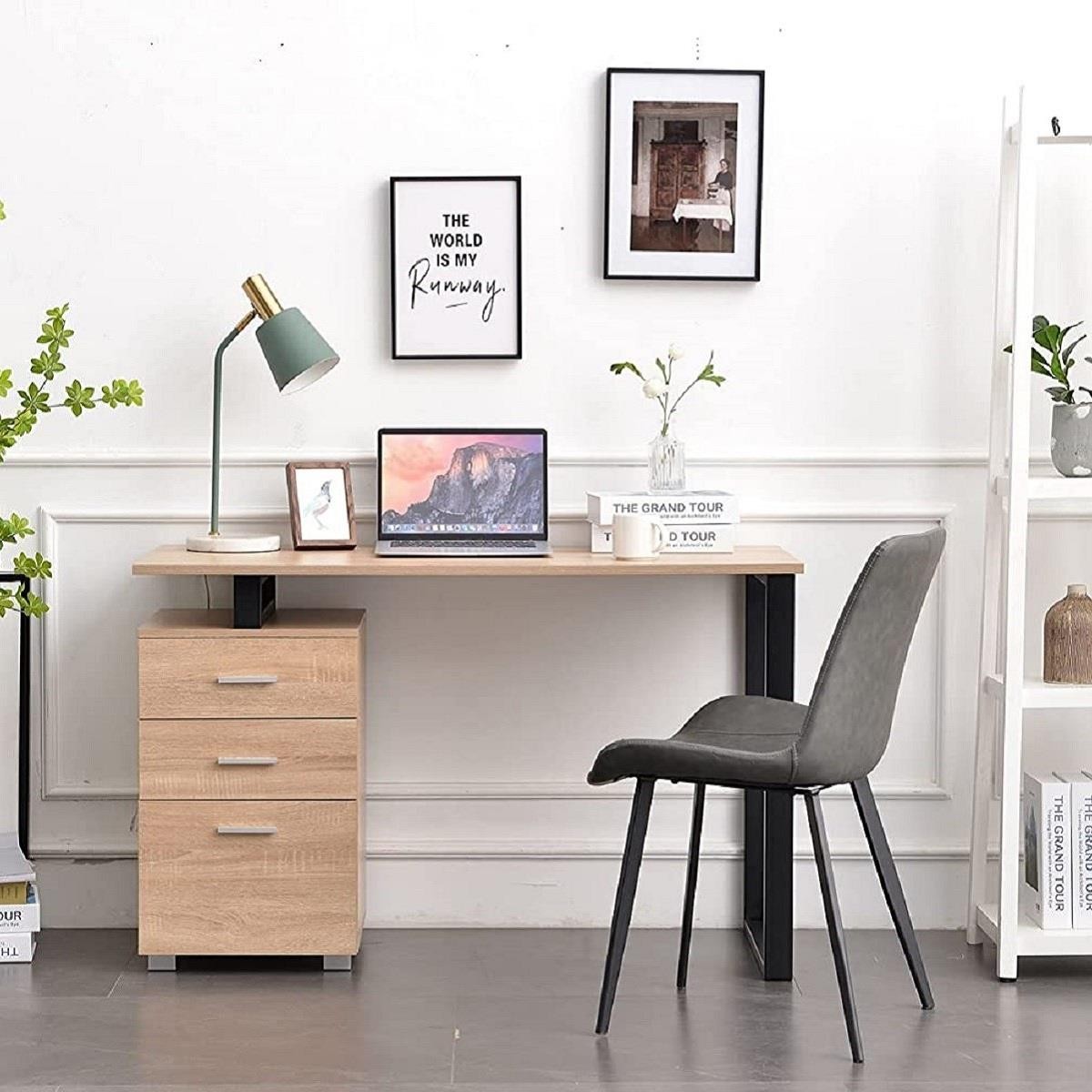 Mesa para Ordenador PERTH, Dimensiones 120x50x75 cm, con Cajones, en Metal y Madera color Roble