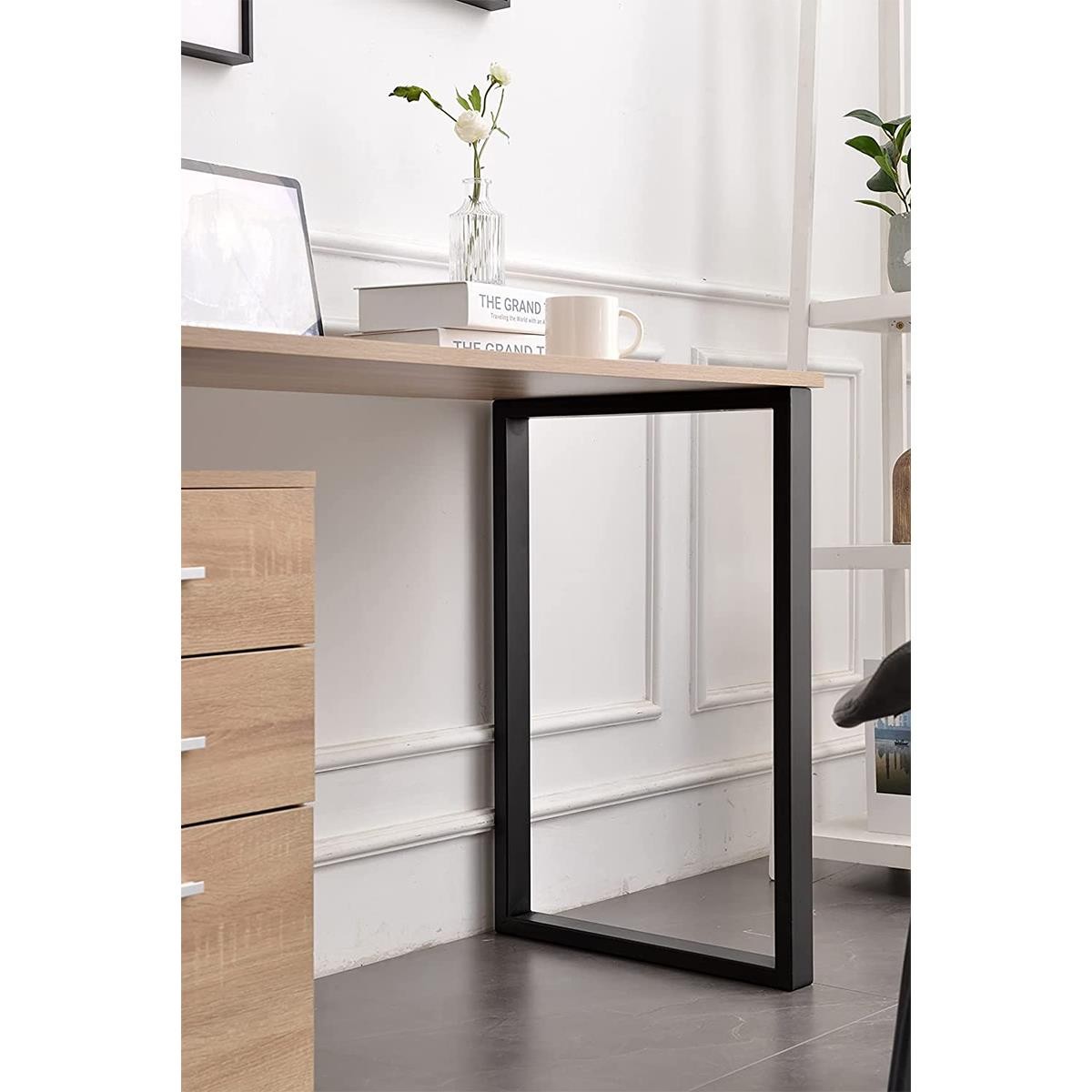 Mesa para Ordenador PERTH, Dimensiones 120x50x75 cm, con Cajones, en Metal y Madera color Roble