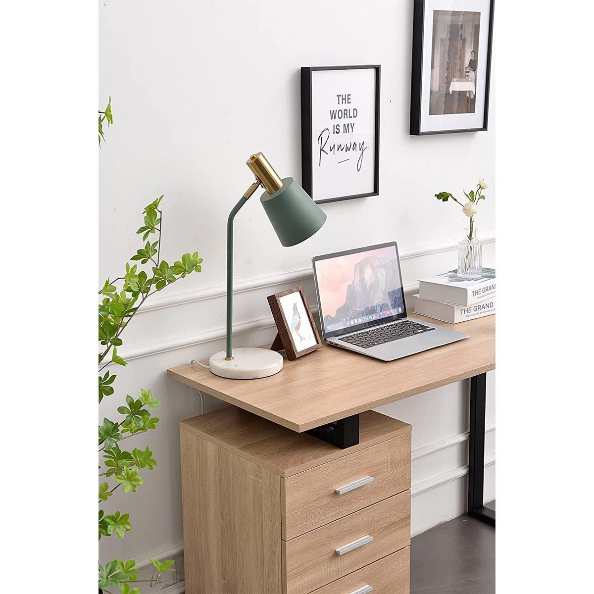Mesa para Ordenador PERTH, Dimensiones 120x50x75 cm, con Cajones, en Metal y Madera color Roble