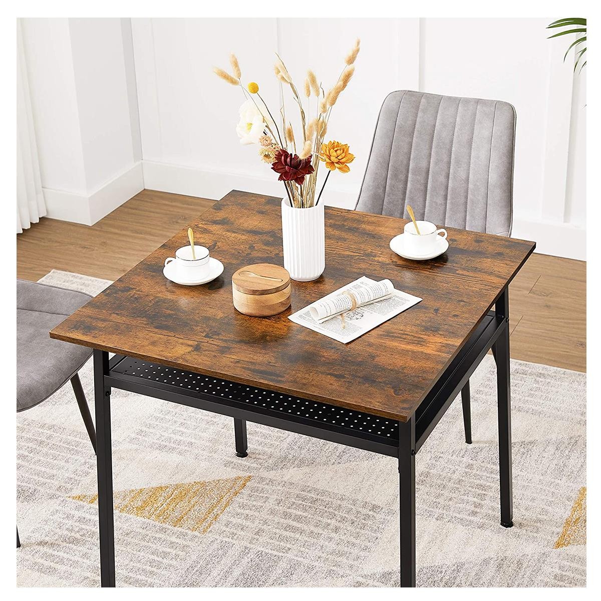 Mesa BRYAN, 80x80x78 cm, en Metal y Madera, color Negro y Marrón Oscuro