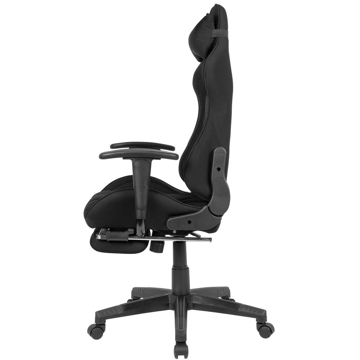 Silla Gaming OMERO, Respaldo Reclinable, Incluye Cojín Cervical y Reposapiés, en Tela color Negro