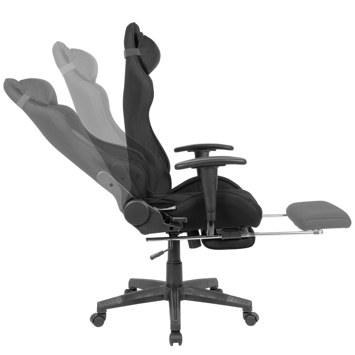 Silla Gaming OMERO, Respaldo Reclinable, Incluye Cojín Cervical y Reposapiés, en Tela color Negro