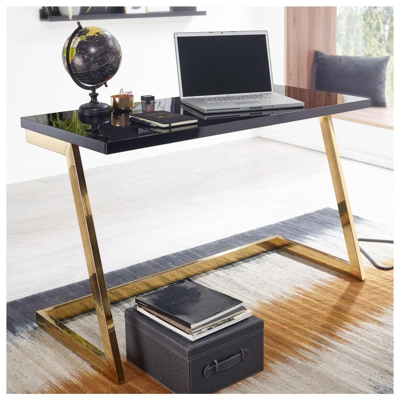 Mesa de Oficina OSAKA con Superficie de Madera color Negro y Estructura Metálica Dorada