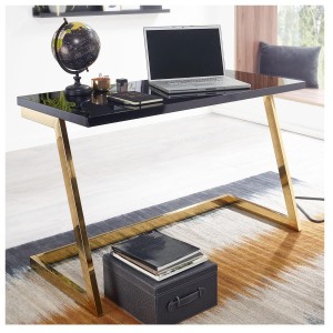 Mesa de Oficina OSAKA con Superficie de Madera color Negro y Estructura Metálica Dorada