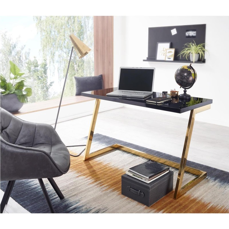 Mesa de Oficina OSAKA con Superficie de Madera color Negro y Estructura Metálica Dorada
