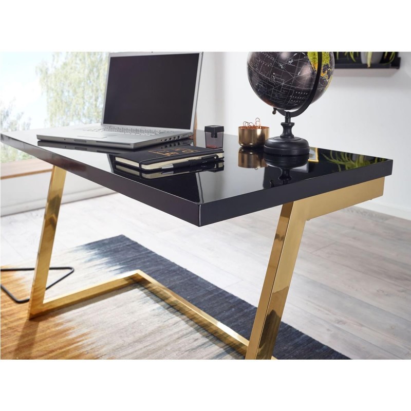Mesa de Oficina OSAKA con Superficie de Madera color Negro y Estructura Metálica Dorada