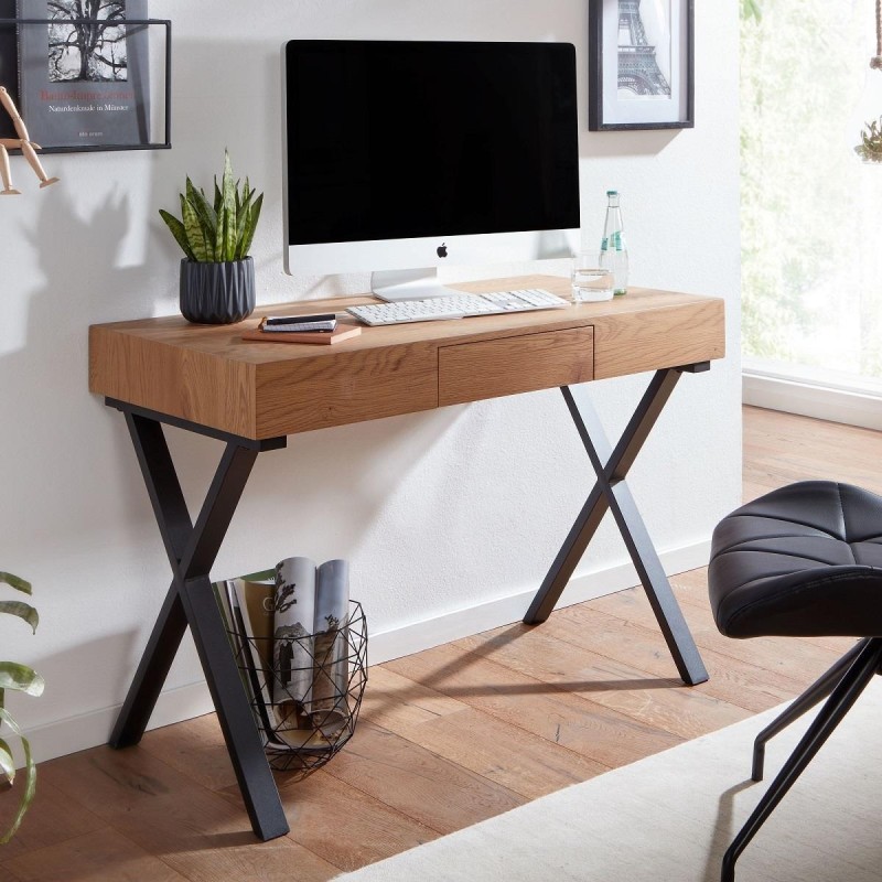Mesa de Oficina AMALIA, Patas de Metal Negro, Superficie de Madera color Roble