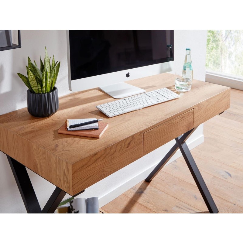 Mesa de Oficina AMALIA, Patas de Metal Negro, Superficie de Madera color Roble