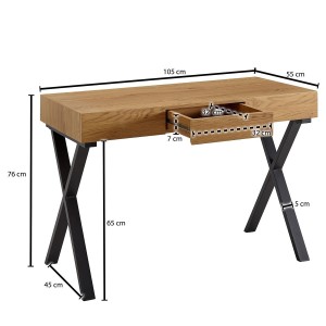 Mesa de Oficina AMALIA, Patas de Metal Negro, Superficie de Madera color Roble