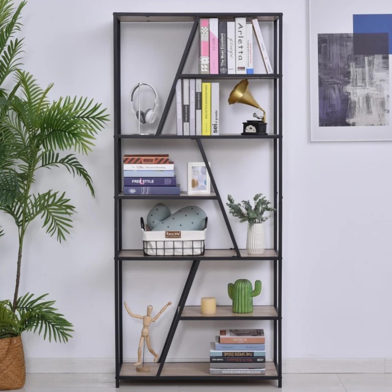 Estantería ZAPE, 80x33x180 cm, en Metal y Madera, color Roble y Negro