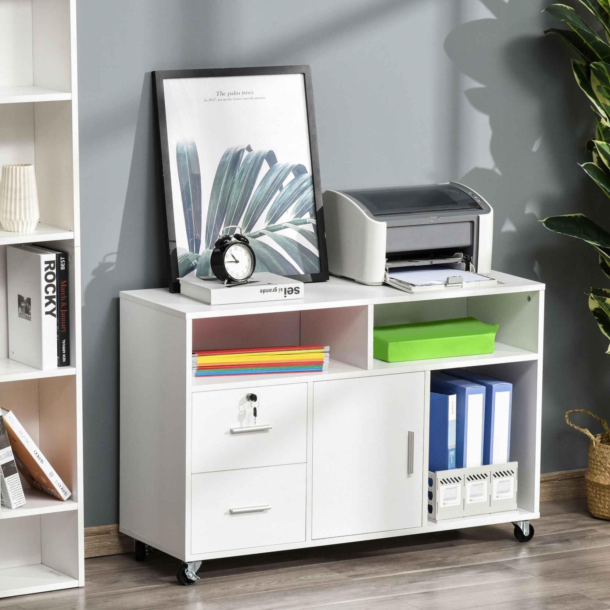 Armario auxiliar con Ruedas AVEC, 100x35x65 cm, 2 Cajones y Cajones, en Madera color Blanco