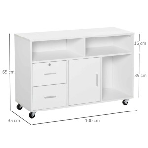 Armario auxiliar con Ruedas AVEC, 100x35x65 cm, 2 Cajones y Cajones, en Madera color Blanco