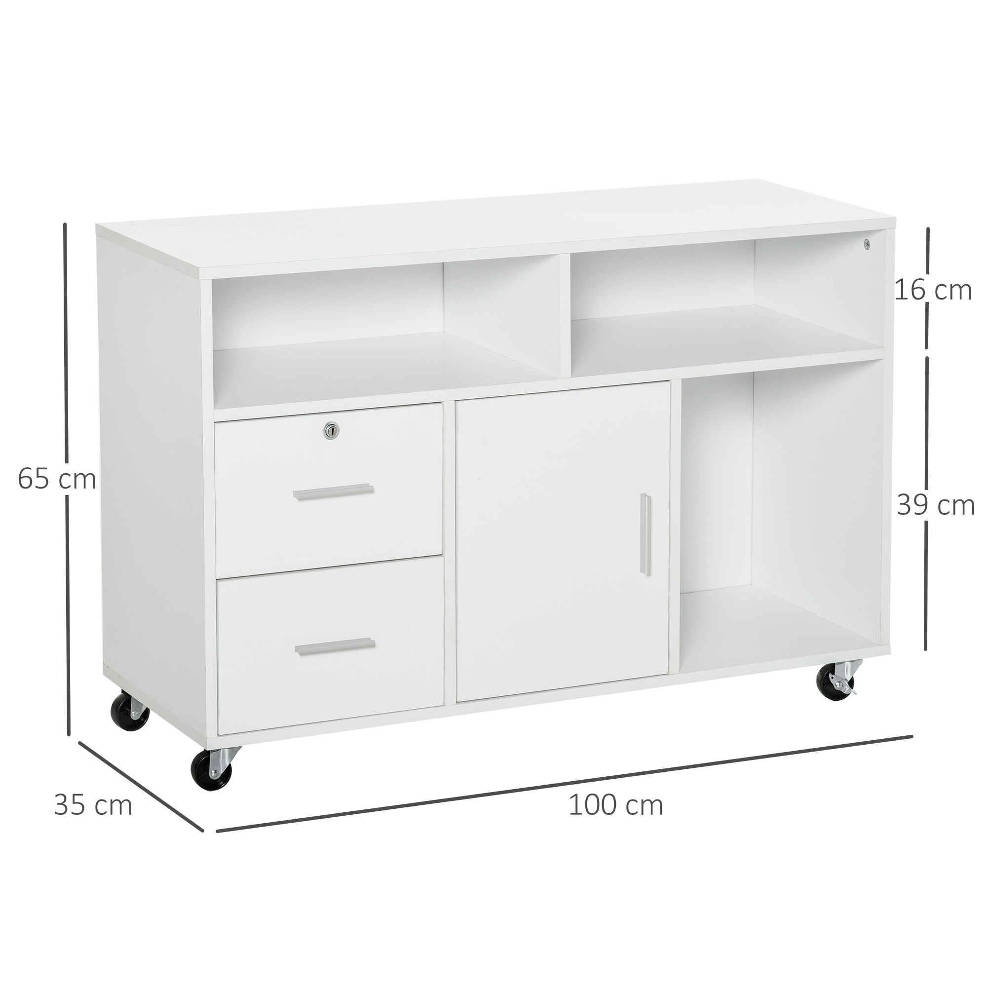 Armario auxiliar con Ruedas AVEC, 100x35x65 cm, 2 Cajones y Cajones, en Madera color Blanco