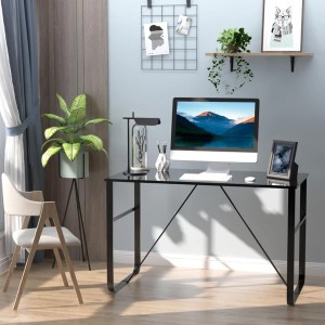 Mesa de oficina CHIMO, estructura metálica negra y superficie de cristal