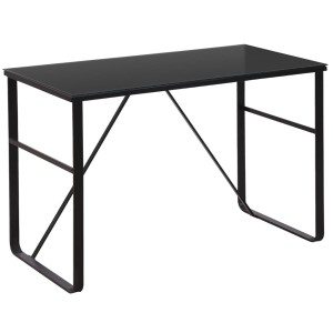 Mesa de oficina CHIMO, estructura metálica negra y superficie de cristal