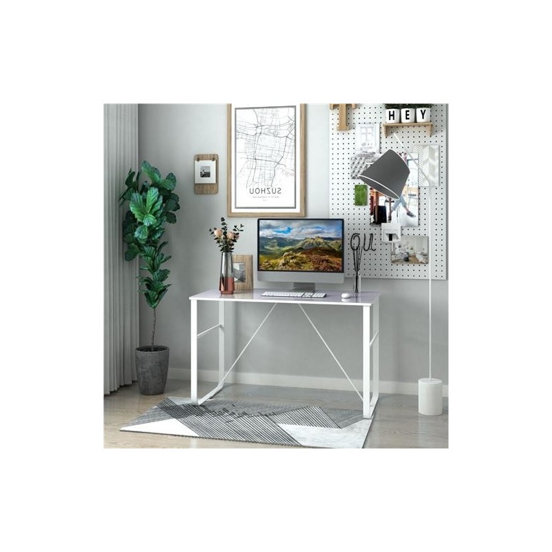 Mesa de oficina CHIMO, estructura metálica negra y superficie de cristal