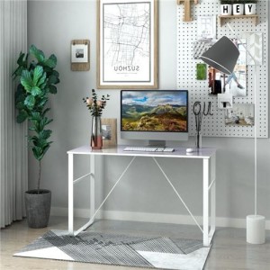 Mesa de oficina CHIMO, estructura metálica negra y superficie de cristal