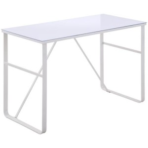 Mesa de oficina CHIMO, estructura metálica negra y superficie de cristal
