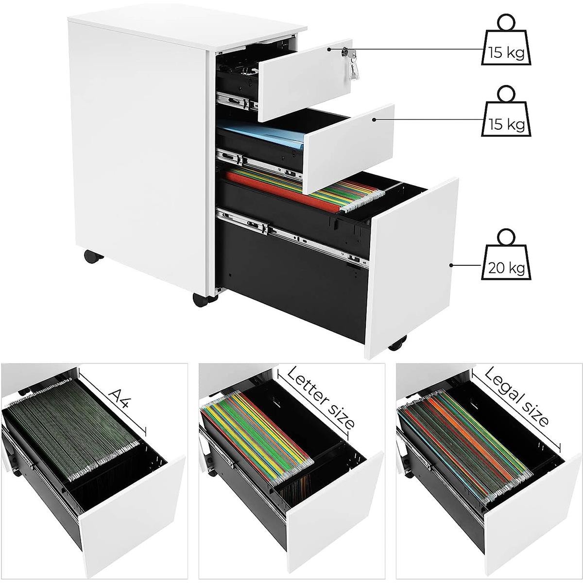 Archivador con Ruedas DAILY, 3 Cajones, con cerradura, Acero, color Negro