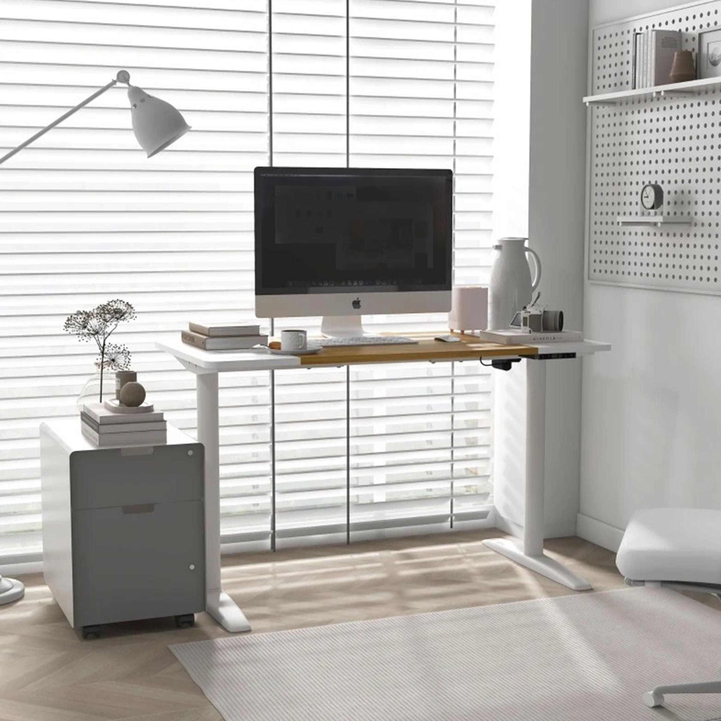 Mesa de Ordenador BRISA, 120x60x71-116 cm, Altura Regulable, en Madera color Teca y Estructura color Blanco