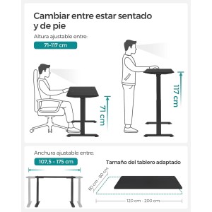 Mesa de Ordenador MAKALU, Altura Regulable, 120x60x71-117 cm, Negro