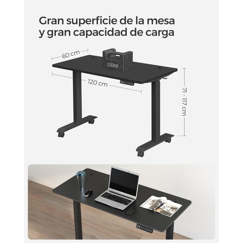 Mesa de Ordenador MAKALU, Altura Regulable, 120x60x71-117 cm, Negro