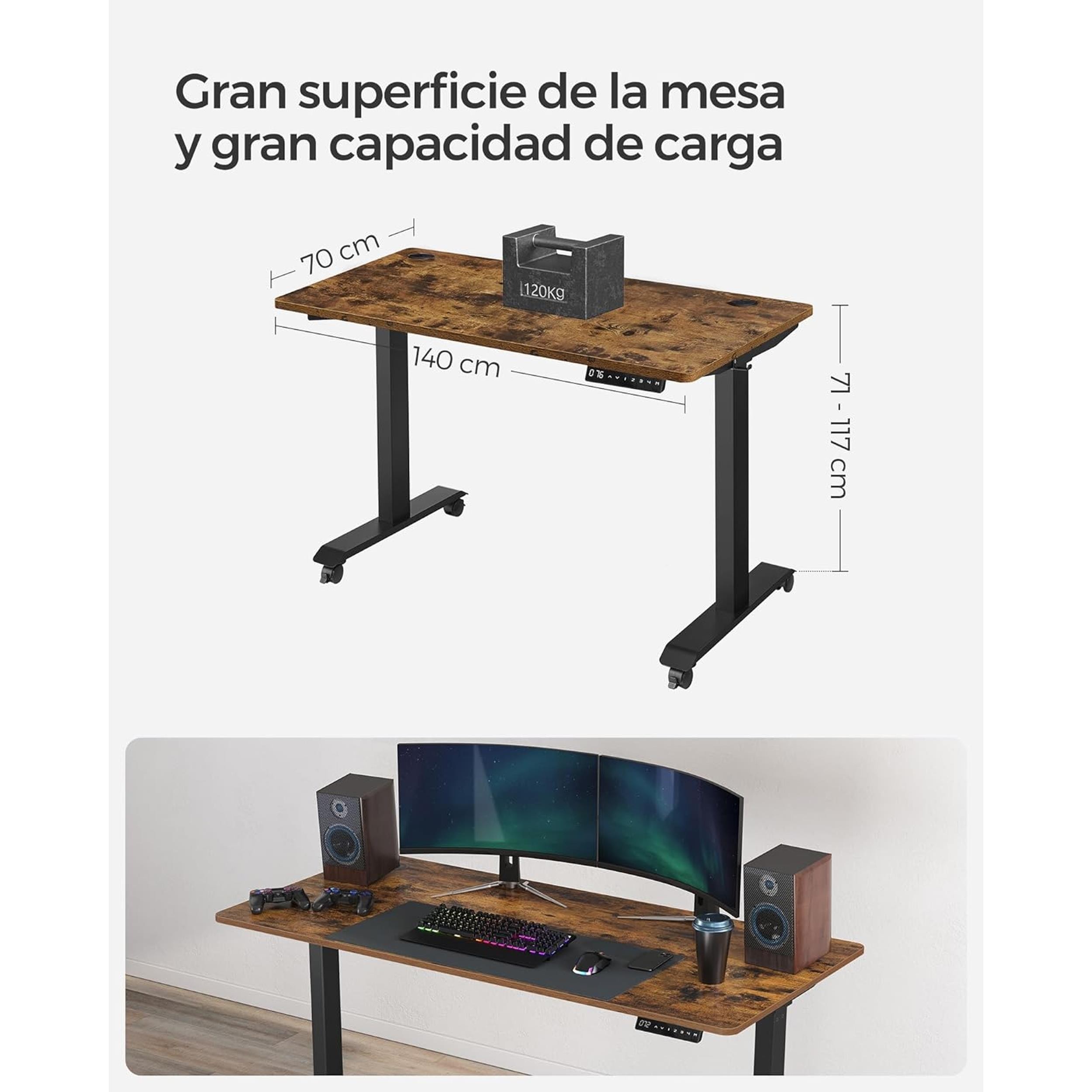 Mesa de Ordenador MAKALU, Altura Regulable Eléctrica, 140x70x71-117 cm, color Negro