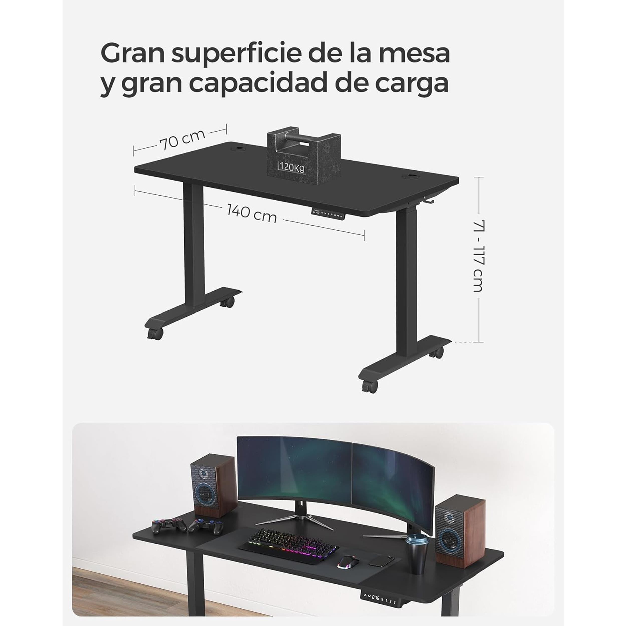 Mesa de Ordenador MAKALU, Altura Regulable Eléctrica, 140x70x71-117 cm, color Negro