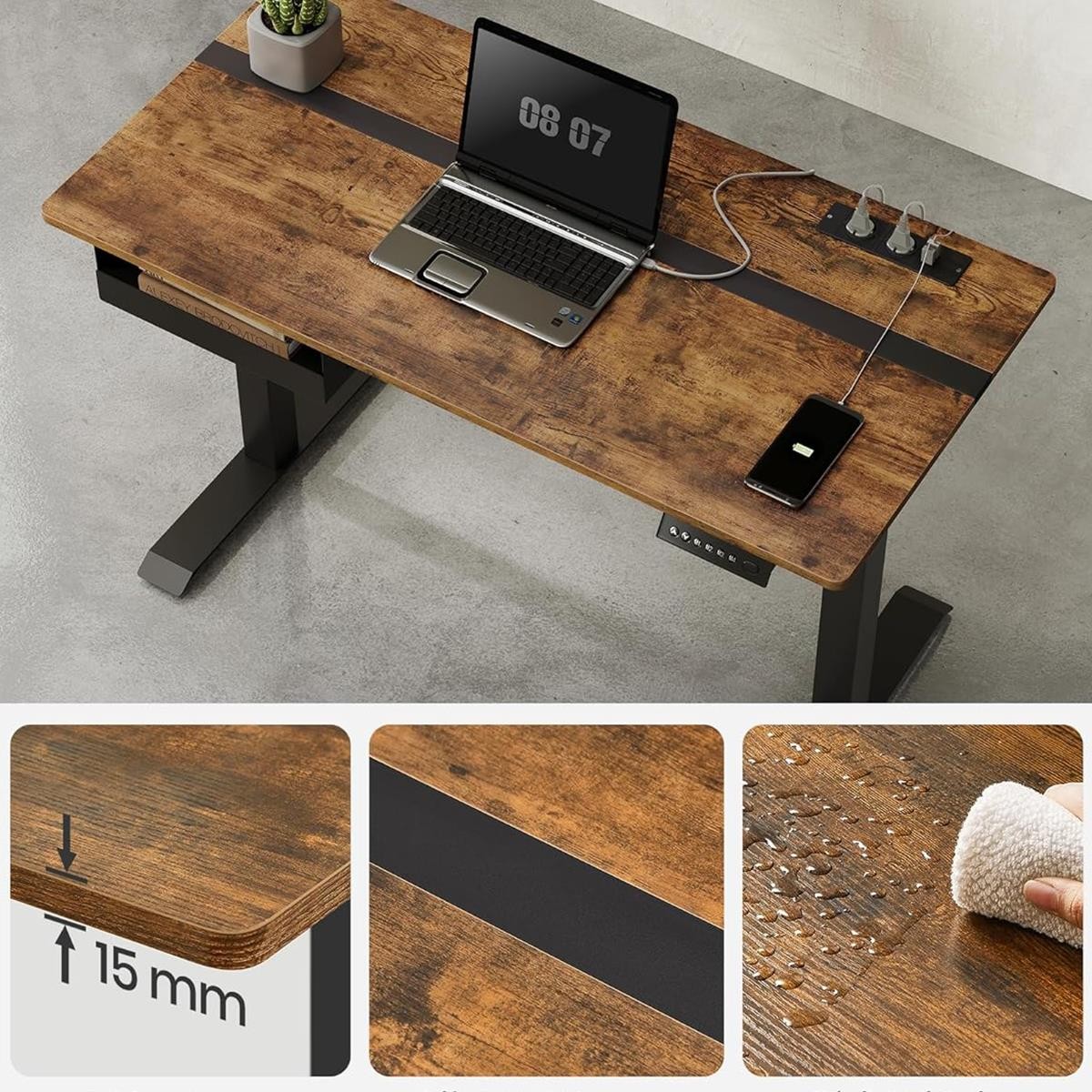 Mesa Elevable EVEREST, 140x60x72-120 cm, Altura Regulable, en color Marrón rústico y Negro