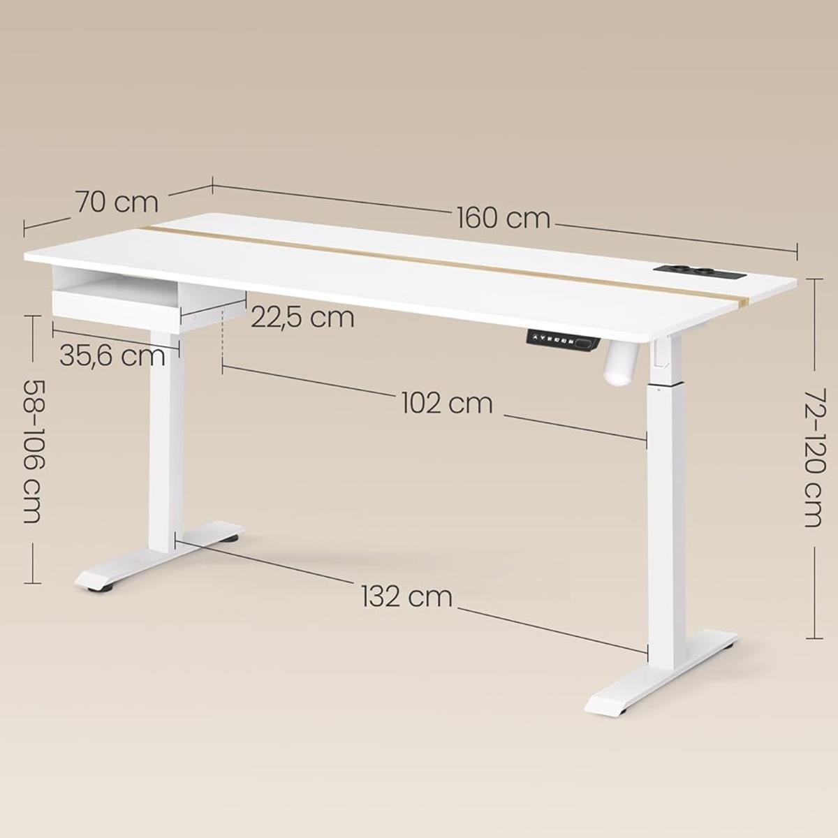 Mesa Elevable EVEREST, 160x70x72-120 cm, Altura Regulable, en color Blanco